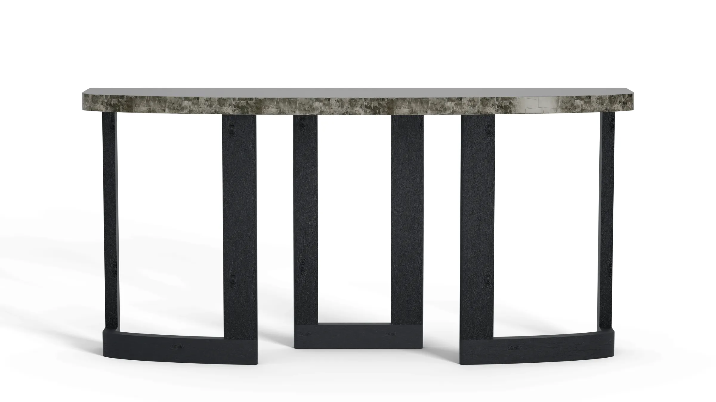 Void Console with silver pyrite top and teak legs
